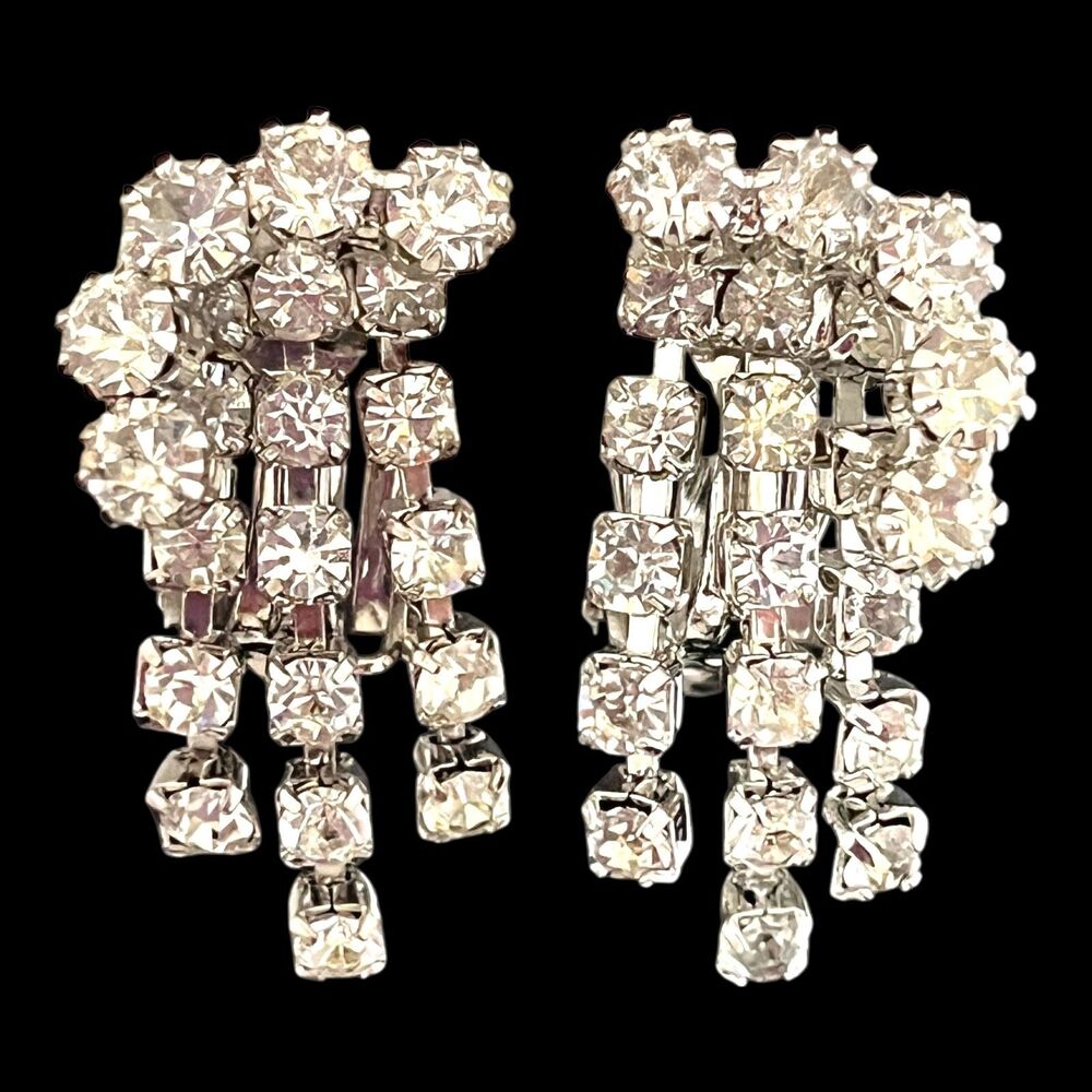 Vintage 1960s Dangle Clip On Earrings Rhinestone Drop Silver Tone Bridal - 10Y